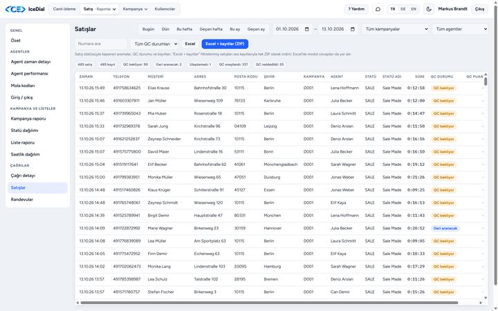 IceDial — Satışlar: Satış kayıtları, QC durumları; Excel ve ses kaydı dışa aktarımı.