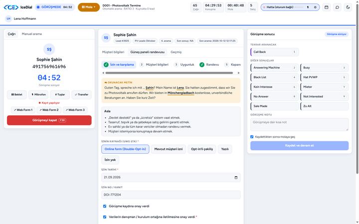 IceDial — Görüşme ekranı: Okunacak metin, izin kaydı ve tek tıkla görüşme sonucu.